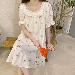Short-sleeve Cherry Print Lace Sleepdress White - One Size