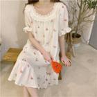 Short-sleeve Cherry Print Lace Sleepdress White - One Size