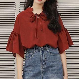 Plain Bow Accent Elbow Sleeve Blouse