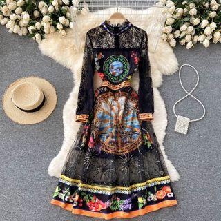 Lace Mesh Embroidered Panel Print Dress