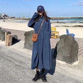 Single-breasted Corduroy Long-sleeve Dress Blue - One Size