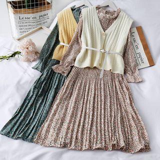 Set: Pleated Floral A-line Dress + Knit Vest With Belt