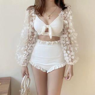 Set: Puff-sleeve Floral Bikini