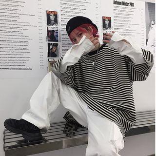 Couple Matching Striped Elbow-sleeve Oversize T-shirt