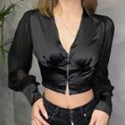 Puff-sleeve Zip-up Crop Blouse