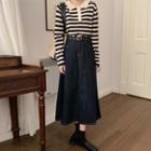 Striped Polo Shirt / Midi A-line Denim Skirt