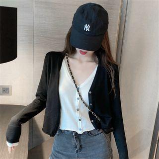 Mock Two Piece Knit Plain Long-sleeve Cardigan