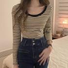Long-sleeve Scoop-neck Striped T-shirt Stripes - Black & Off-white - One Size