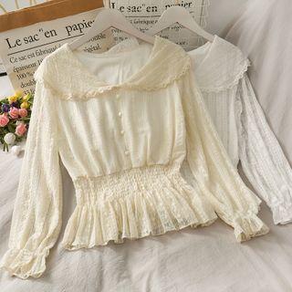 Sailor-collar Smocked-waist Lace Top
