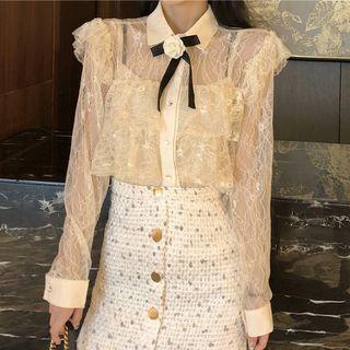 Long-sleeve Ruffled Lace Shirt As Shown In Figure - One Size