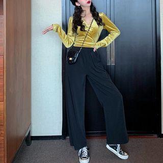 Long-sleeve Open Back Velvet Top / Wide-leg Pants