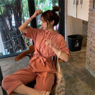 Elbow-sleeve Tie-waist Straight Leg Jumpsuit