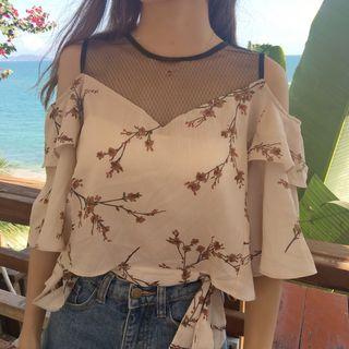 Floral Print Mesh Panel Open Shoulder Short-sleeve Top