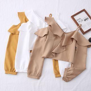 Asymmetric Ruffled-trim V-neck Top In 9 Colors