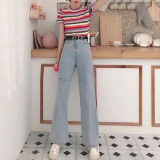 Striped Short-sleeve Top / Distressed High-waist Straight-cut Jeans / Set