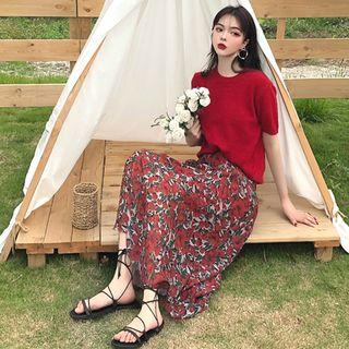 Short-sleeve Knit Top / Flower Print A-line Midi Skirt