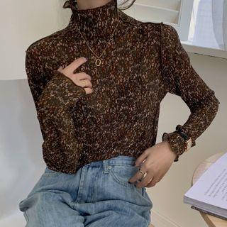 Floral Print Chiffon Blouse Floral - Dark Brown - One Size