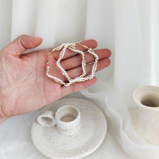 Faux Pearl Hexagon Hoop Earring 1 Pair - White & Gold - One Size