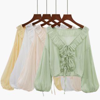 Plain Chiffon Ruffle Drawstring Cardigan
