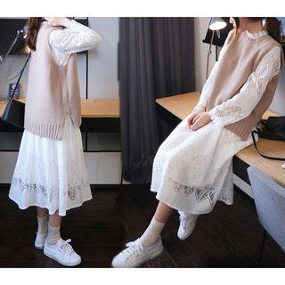 Long-sleeve Lace Midi A-line Dress / Knit Vest / Set