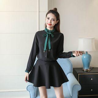 Set: Long-sleeve Chiffon Blouse + Pleated Skirt