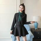 Set: Long-sleeve Chiffon Blouse + Pleated Skirt