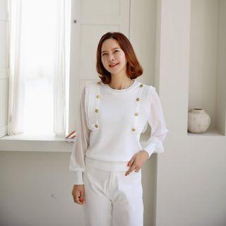 Chiffon-sleeve Frilled Knit Top