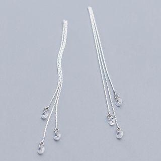 925 Sterling Silver Rhinestone Fringed Earring 1 Pair - S925 Silver - One Size