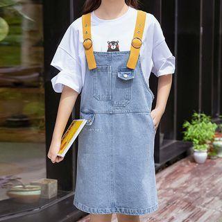 Contrast Strap Denim A-line Pinafore Dress