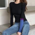 Long-sleeve Color Block Knit Top Color Block Sleeve - One Size