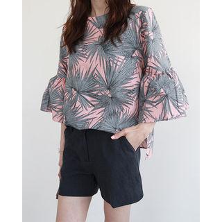 Bell-sleeve Foliage Linen Blend Top