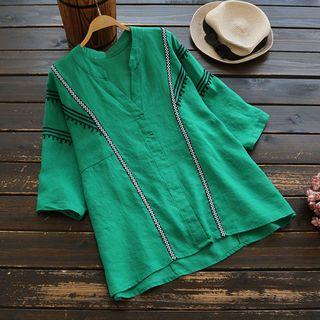 Embroidered V-neck Elbow-sleeve Blouse