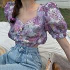 Floral V-neck Short-sleeve Cropped Top Purple - One Size