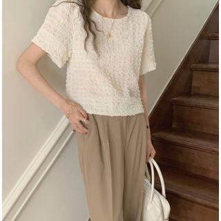 Short-sleeve Plaid T-shirt Beige - One Size