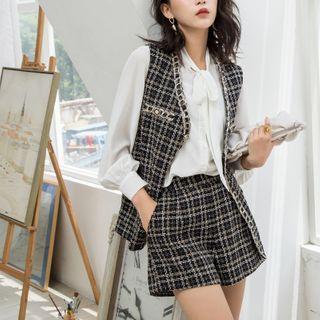 Set: Long-sleeve Tie-neck Blouse + Plaid Chain-accent Vest + Shorts