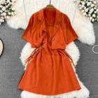 Set: Spaghetti Strap Lace Up Dress + Short Sleeve Plain Blazer