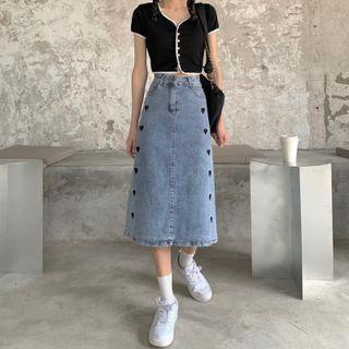 Heart Embroidered Denim Midi A-line Skirt