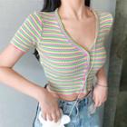 Short-sleeve Striped Cropped Top As Shown In Figure - One Size