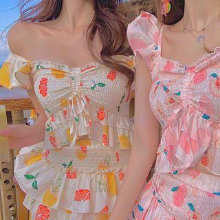 Short-sleeve Drawstring Front Ruffled Printed Blouse + Layered Pleated Printed Skirt