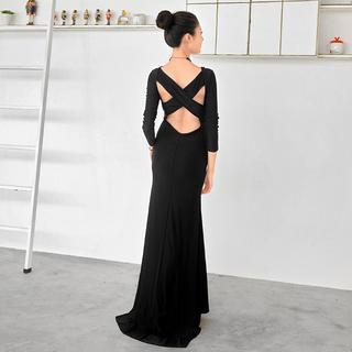 Long-sleeve Cross Back Sheath Evening Gown