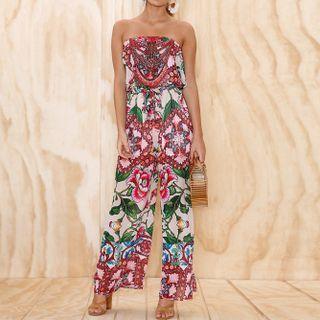 Strapless Flower Print Wide Leg Jumpsuit