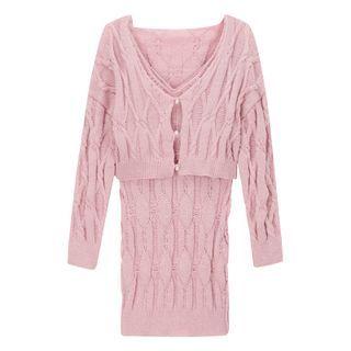 Set: Plain Cardigan + Spaghetti Strap Dress Set Of 2 - Cardigan & Dress - Pink - One Size