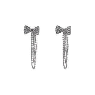 Rhinestone Bow Fringed Earring 1 Pair - 925 Silver - Silver - One Size