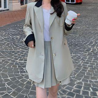 Set: Contrast Trim Blazer + Mini Pleated Skirt