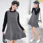 Set: Long-sleeve Top + Mini Plaid Pinafore Dress