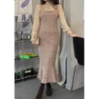 Frill-hem Tweed Long Overall Dress