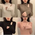 Mock-neck Long-sleeve Cutouts T-shirt