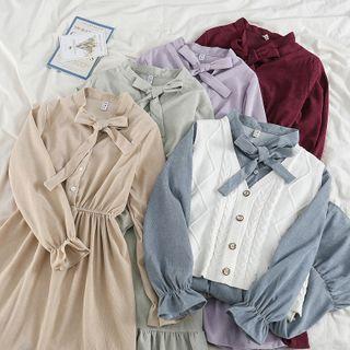 Long-sleeve Tie-neck Midi A-line Corduroy Dress / Sweater Vest