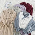 Long-sleeve Tie-neck Midi A-line Corduroy Dress / Sweater Vest