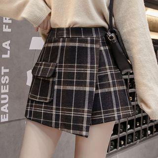 High-waist Plaid Woolen A-line Shorts